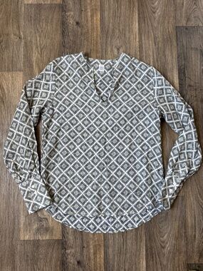 Eleventy Milano 100% Linen Printed V-Neck Pop-Over Long-Sleeve Top Made in Italy
